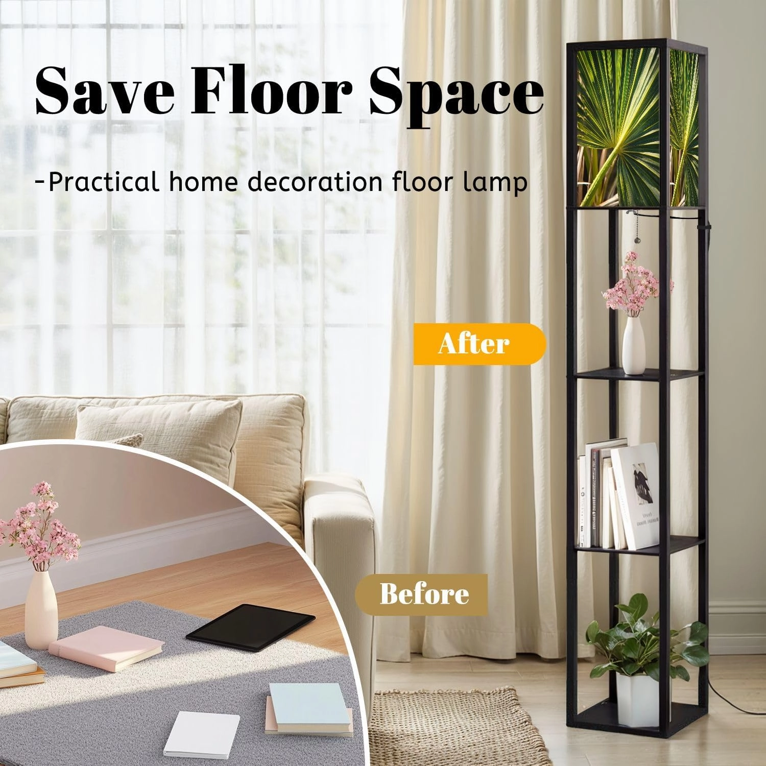 Curving Cabbage Palm Frond Yellow Seams Segments Floor Lamps with Shelves, Modern Standing Lamp Narrow Corner Display Bookshelf Lamp for Living Room, Bedroom, Office Decor