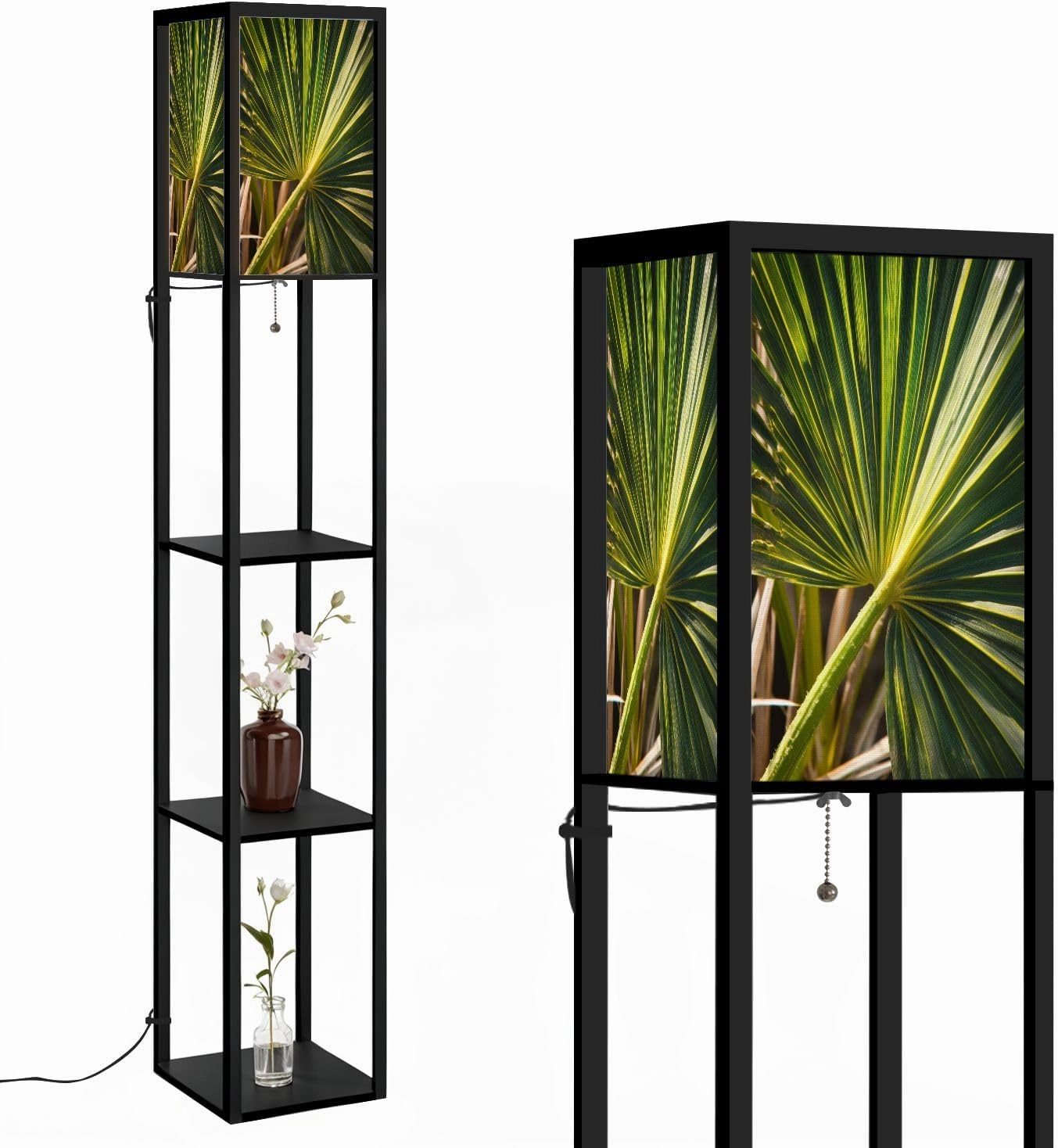 Curving Cabbage Palm Frond Yellow Seams Segments Floor Lamps with Shelves, Modern Standing Lamp Narrow Corner Display Bookshelf Lamp for Living Room, Bedroom, Office Decor