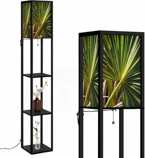 Curving Cabbage Palm Frond Yellow Seams Segments Floor Lamps with Shelves, Modern Standing Lamp Narrow Corner Display Bookshelf Lamp for Living Room, Bedroom, Office Decor