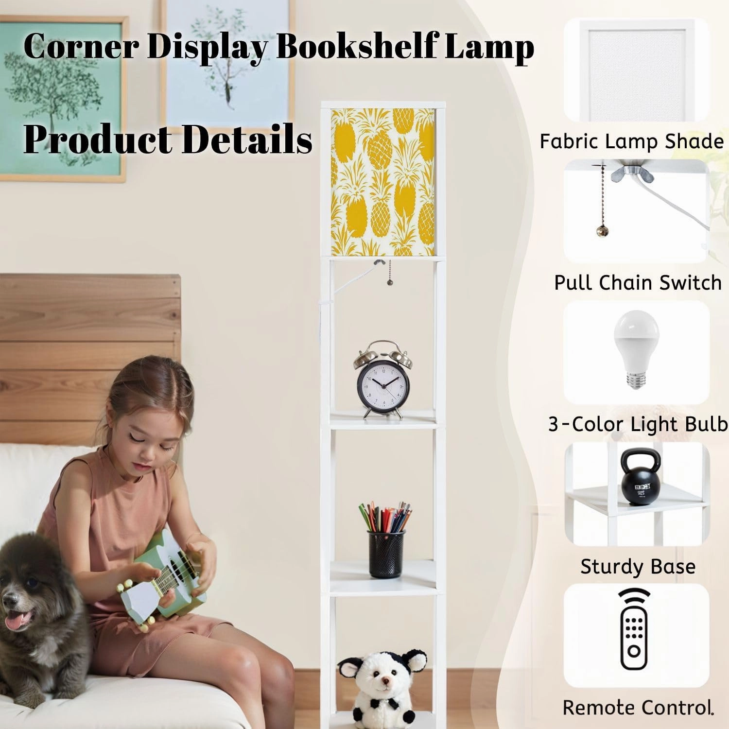 Cute Pineapples Yellow Pineapples Seamless Pattern Pineapples Floor Lamps with Shelves, Modern Standing Lamp Narrow Corner Display Bookshelf Lamp for Living Room, Bedroom, Office Decor