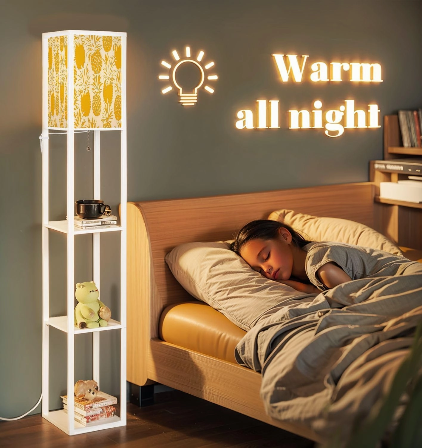 Cute Pineapples Yellow Pineapples Seamless Pattern Pineapples Floor Lamps with Shelves, Modern Standing Lamp Narrow Corner Display Bookshelf Lamp for Living Room, Bedroom, Office Decor