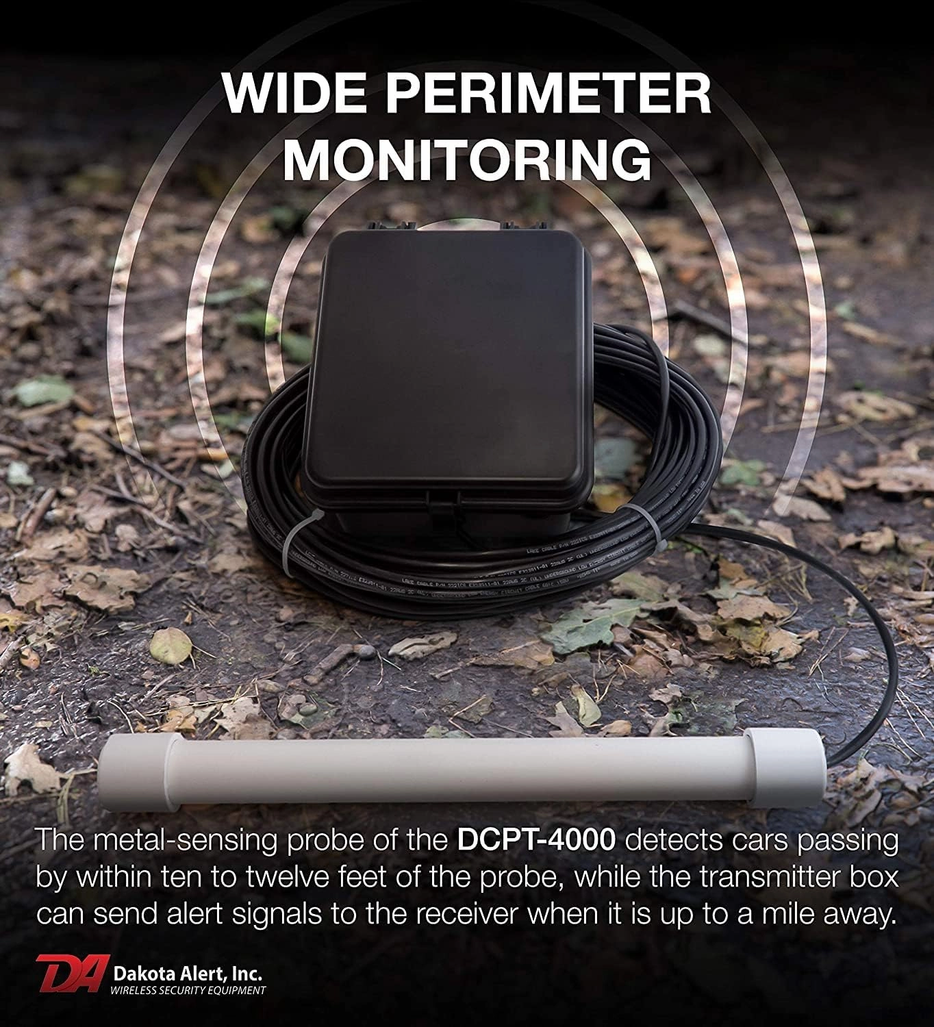 Dakota Alert Driveway Alarm Sensor - DCPA-4k Plus Driveway Alarms Wireless Outside Weatherproof Alert System, 1-Mile-Long Range Sensors, Receiver & Vehicle Detecting Probe Transmitter & 50' Wire