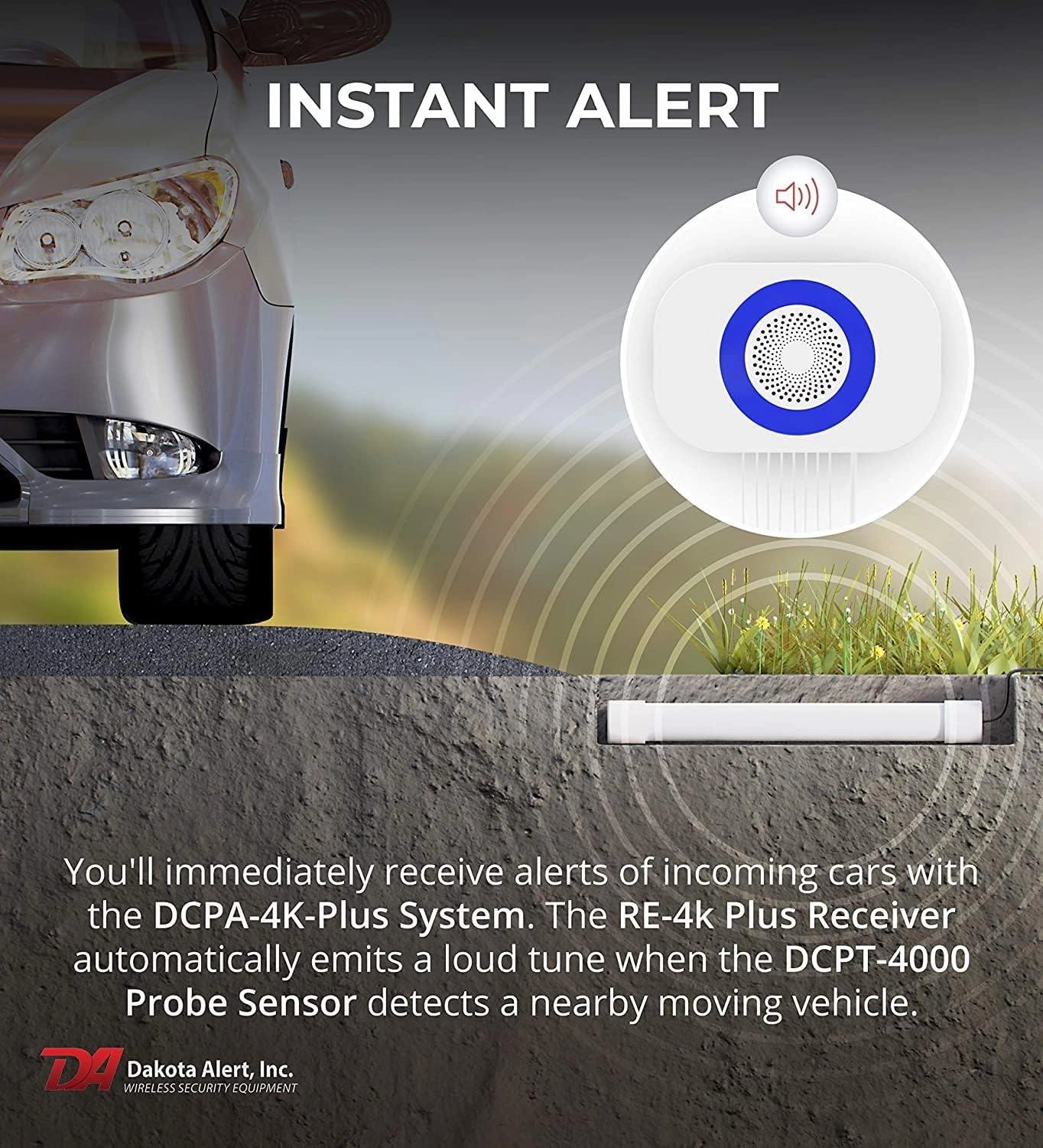 Dakota Alert Driveway Alarm Sensor - DCPA-4k Plus Driveway Alarms Wireless Outside Weatherproof Alert System, 1-Mile-Long Range Sensors, Receiver & Vehicle Detecting Probe Transmitter & 50' Wire