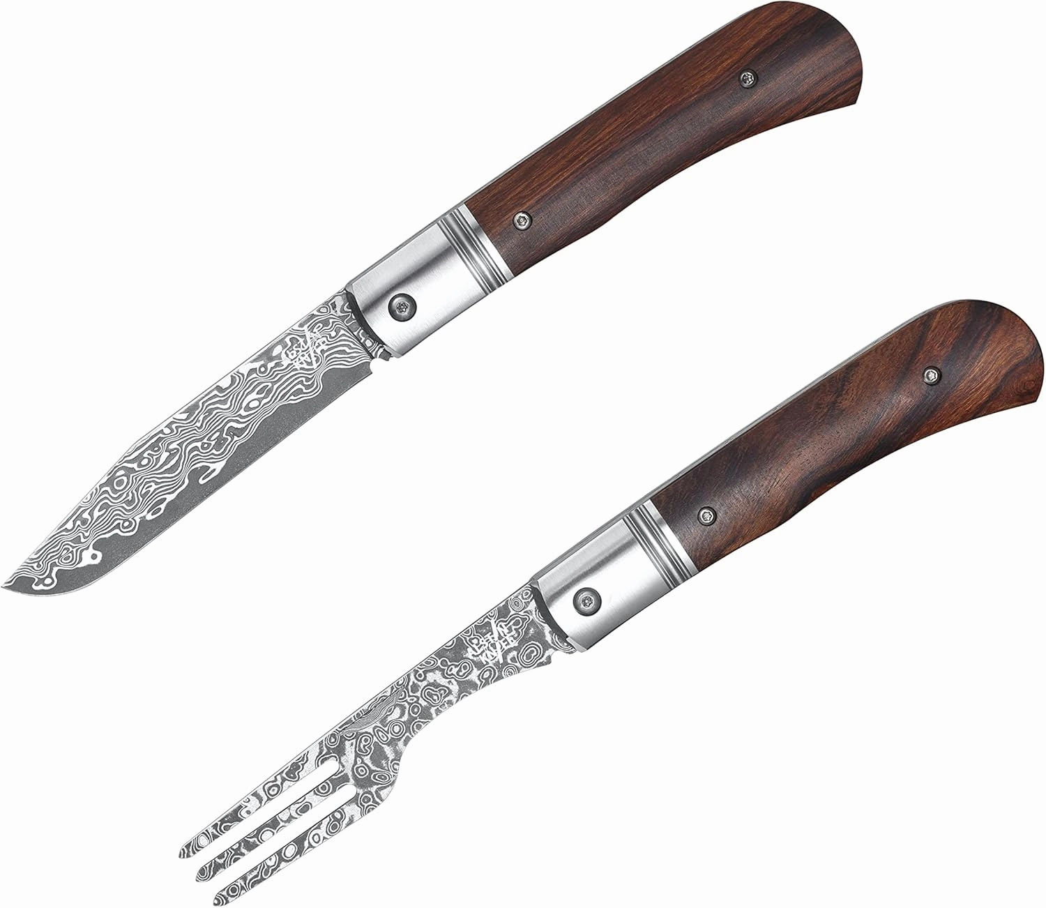 Damascus Portable Knife and Fork Set for Camping Traveling Outdoor Fine Dining Damascus Blade Nature Desert Ironwood Handle Handmade