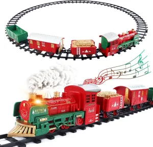 deAO Train Set for Christmas Tree,Classical Christmas Train Sets with Sound Lights and Steam- Train Toy Set with 4 Cars & 10 Tracks, Toys for Age 3 4 5 6 Boys Girls Kids