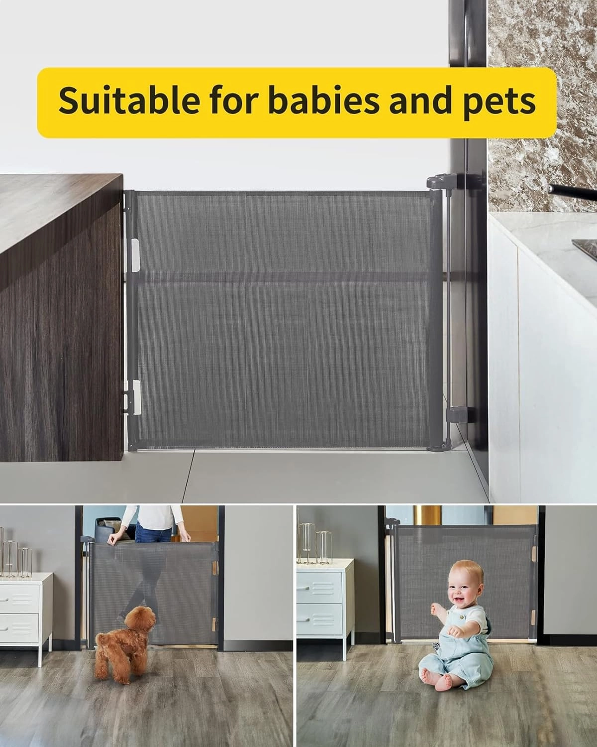 dearlomum Retractable Baby Gate,Mesh Baby Gate or Mesh Dog Gate,33" Tall,Extends up to 71" Wide,Child Safety Gate for Doorways,Stairs,Hallways,Indoor/Outdoor(Grey,33"x71")