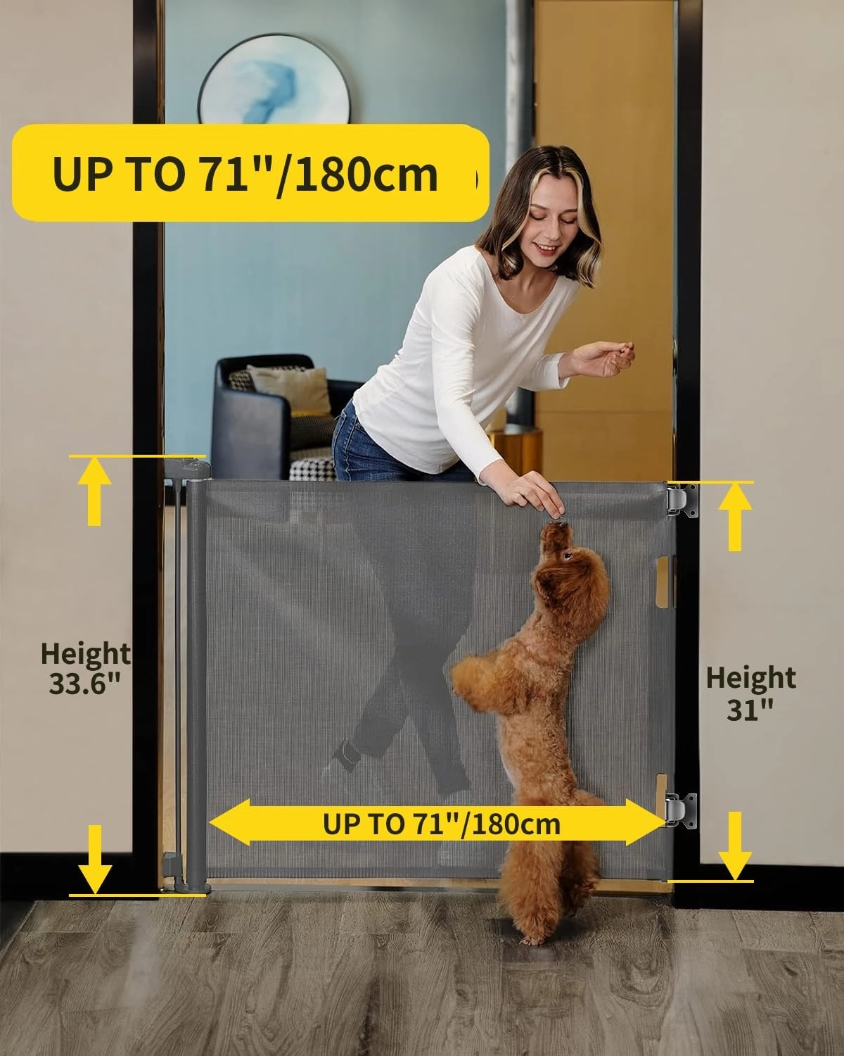 dearlomum Retractable Baby Gate,Mesh Baby Gate or Mesh Dog Gate,33" Tall,Extends up to 71" Wide,Child Safety Gate for Doorways,Stairs,Hallways,Indoor/Outdoor(Grey,33"x71")