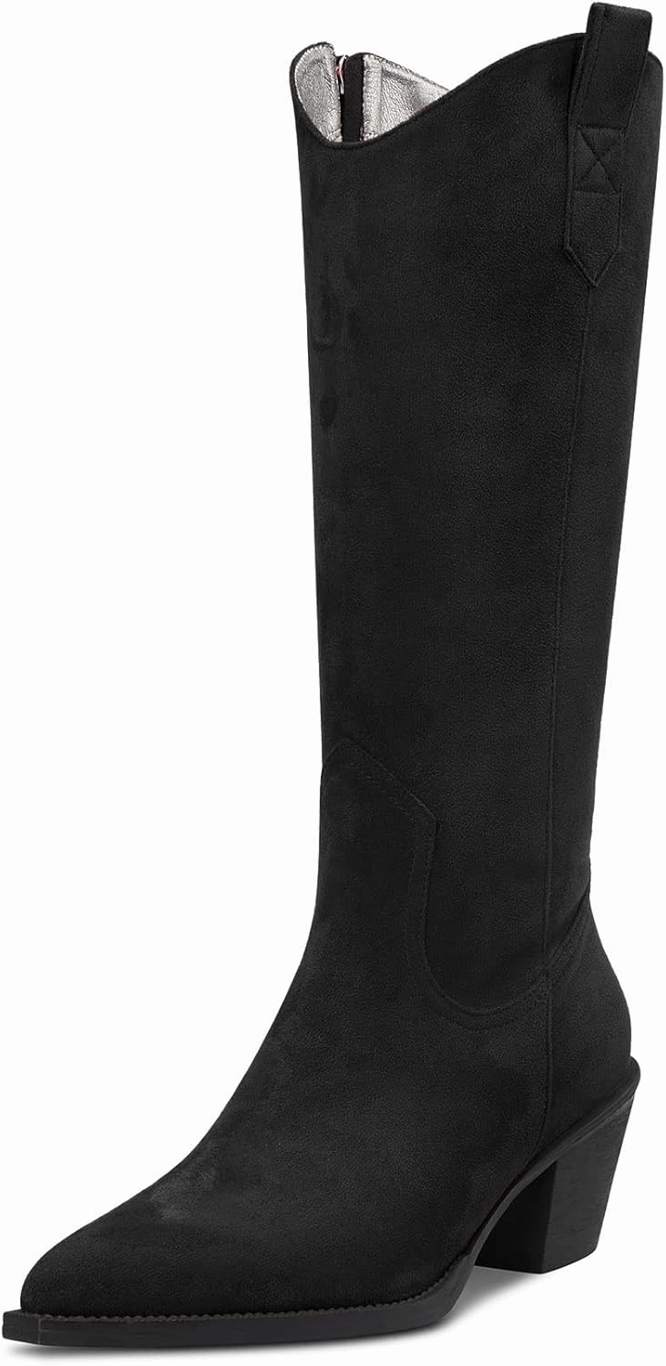 DearOnly Womens Western Cowboy Cowgirl Boots Mid Calf Pull-Up Closed Pointed Toe Block Chunky Heel Zipper Suede Dress Shoes Classic 2.5 Inch