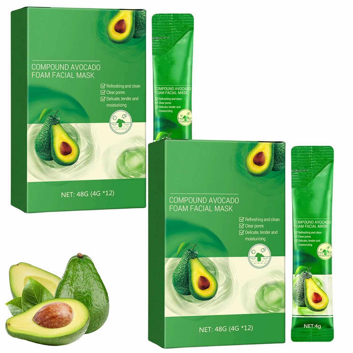 Deep Purifying Avocado Foam Facial Mask, Centella Asiatica Bubble Face Mask (12 Pack) | Bubble Face Sheet Mask for Purifying & Brightening, Moisturizing Beauty Sheet Masks, Cleansing Foam (2PC)