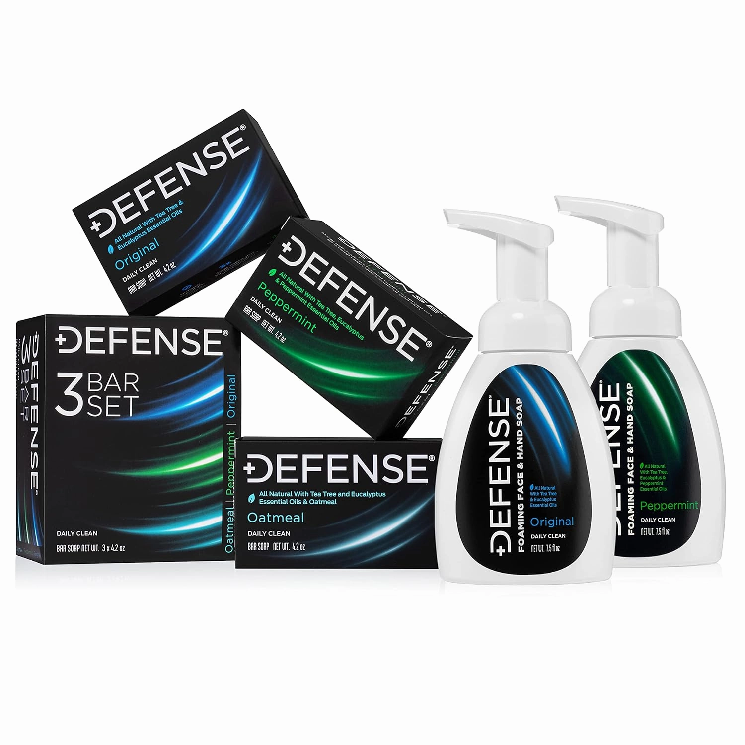Defense Soap Bar Variety 3-Pack, Liquid Foaming Face & Hand Soap Original and Peppermint 7.5 Fl Oz with Tea Tree, Eucalyptus, Jojoba, Aloe Vera, Olive & Coconut Oils