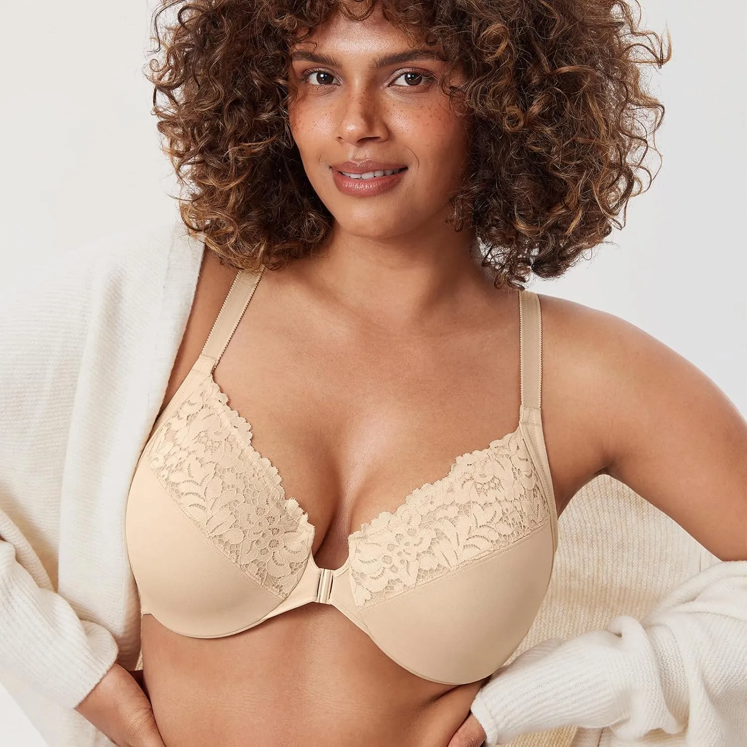 DELIMIRA Women's Front Closure Plus Size Full Coverage Lace Underwire Racerback Bra