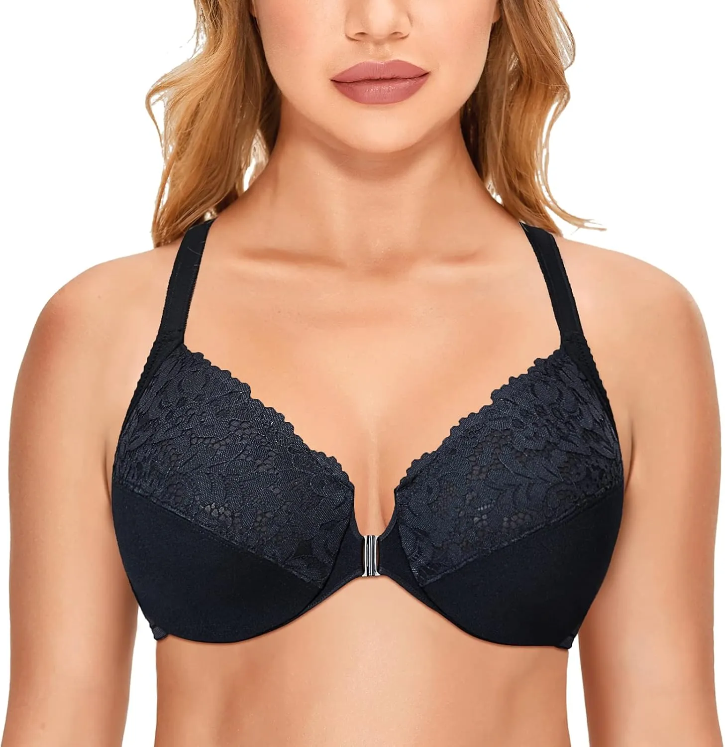 DELIMIRA Women's Front Closure Plus Size Full Coverage Lace Underwire Racerback Bra