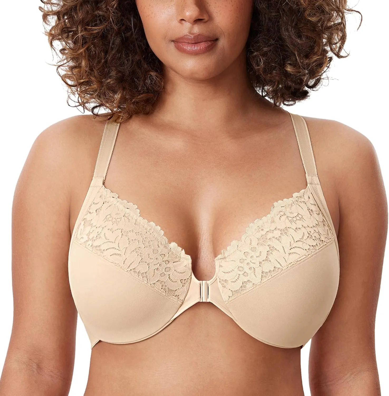 DELIMIRA Women's Front Closure Plus Size Full Coverage Lace Underwire Racerback Bra