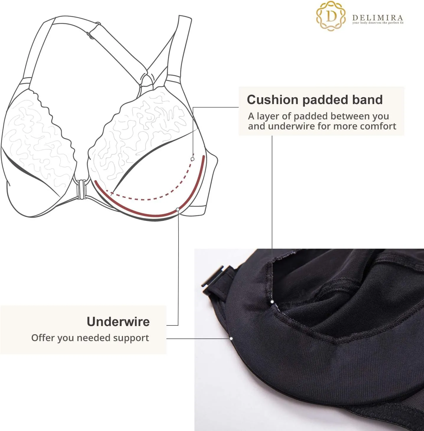 DELIMIRA Women's Front Closure Plus Size Full Coverage Lace Underwire Racerback Bra
