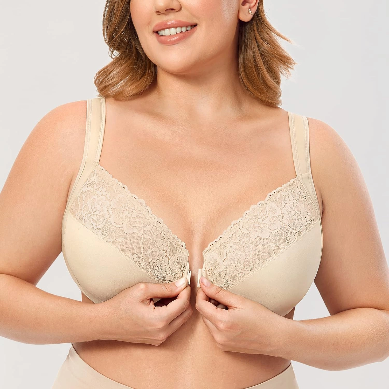 DELIMIRA Women's Front Closure Bras Plus Size Lace Full Coverage Underwire Unlined Bra