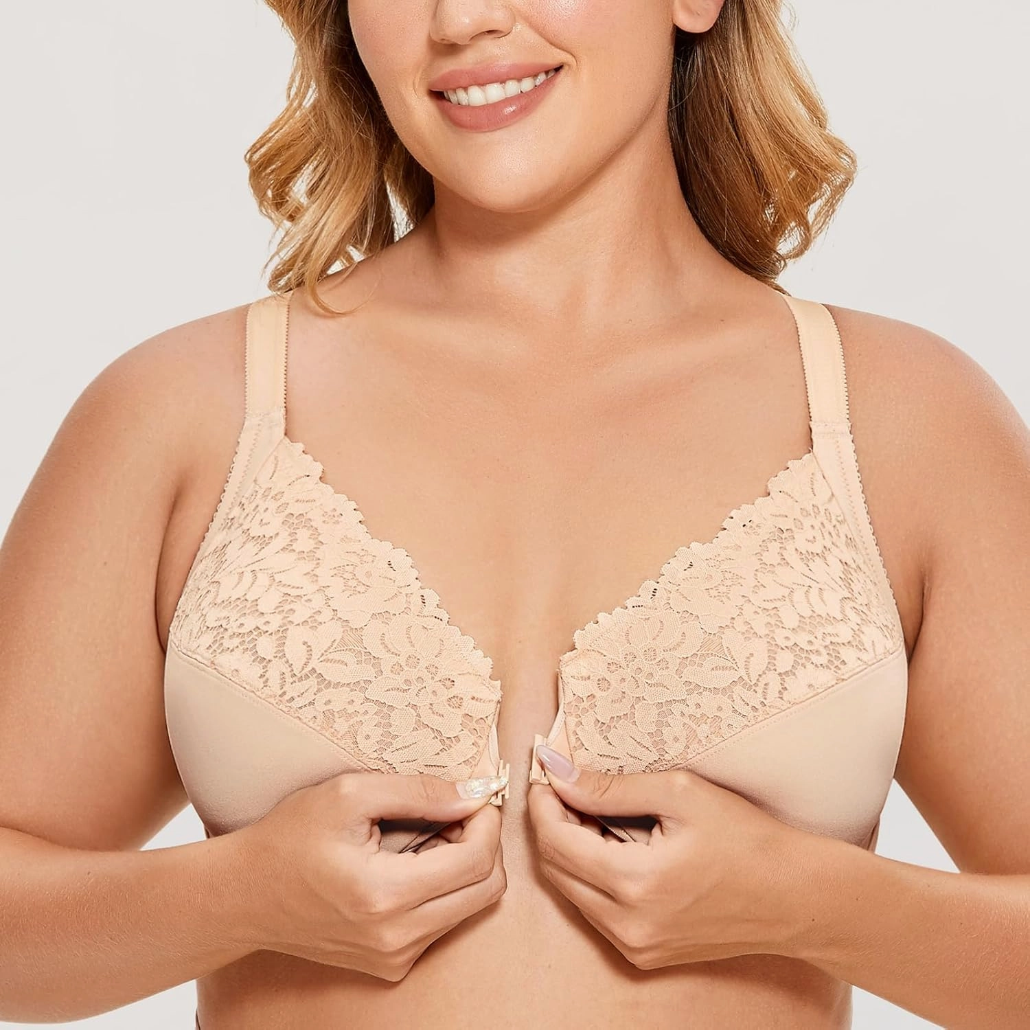 DELIMIRA Women's Front Closure Plus Size Full Coverage Lace Underwire Racerback Bra