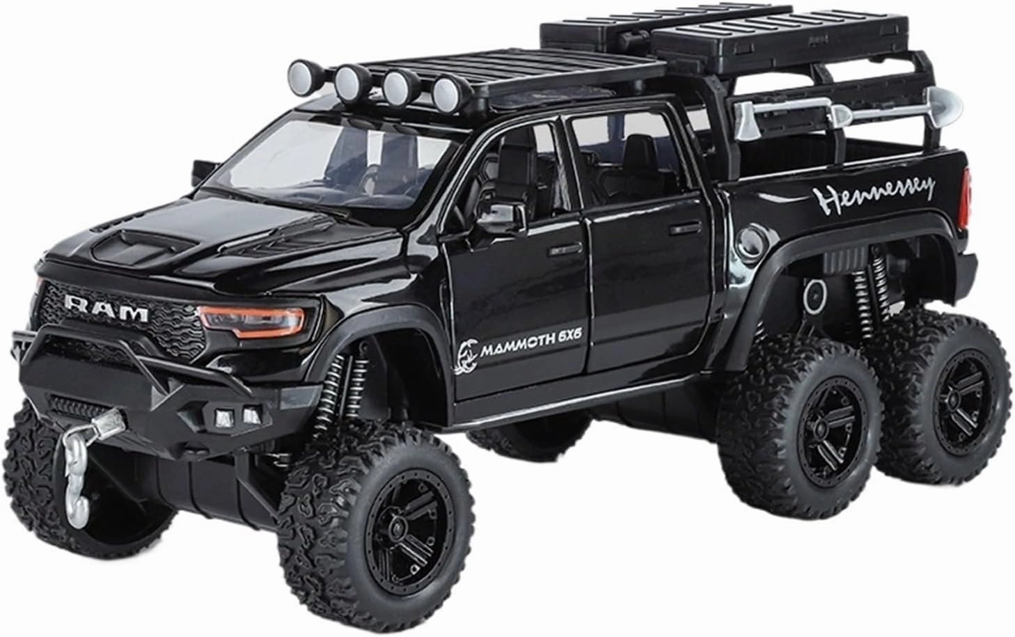Die Casting 1:32 for Dodge Mammoth 6X6 Pickup Truck Series Alloy Simulation Car Model Sound and Light Pull-Back Miniature Model Collection Presents(6x6 Black)