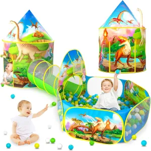 Dinosaur Kids Ball Pit with Play Tent and Play Tunnel, Kids Pop Up Tent for Indoor Outdoor, Dinosaur Toys for Boys Girls Babies Toddlers Playhouse