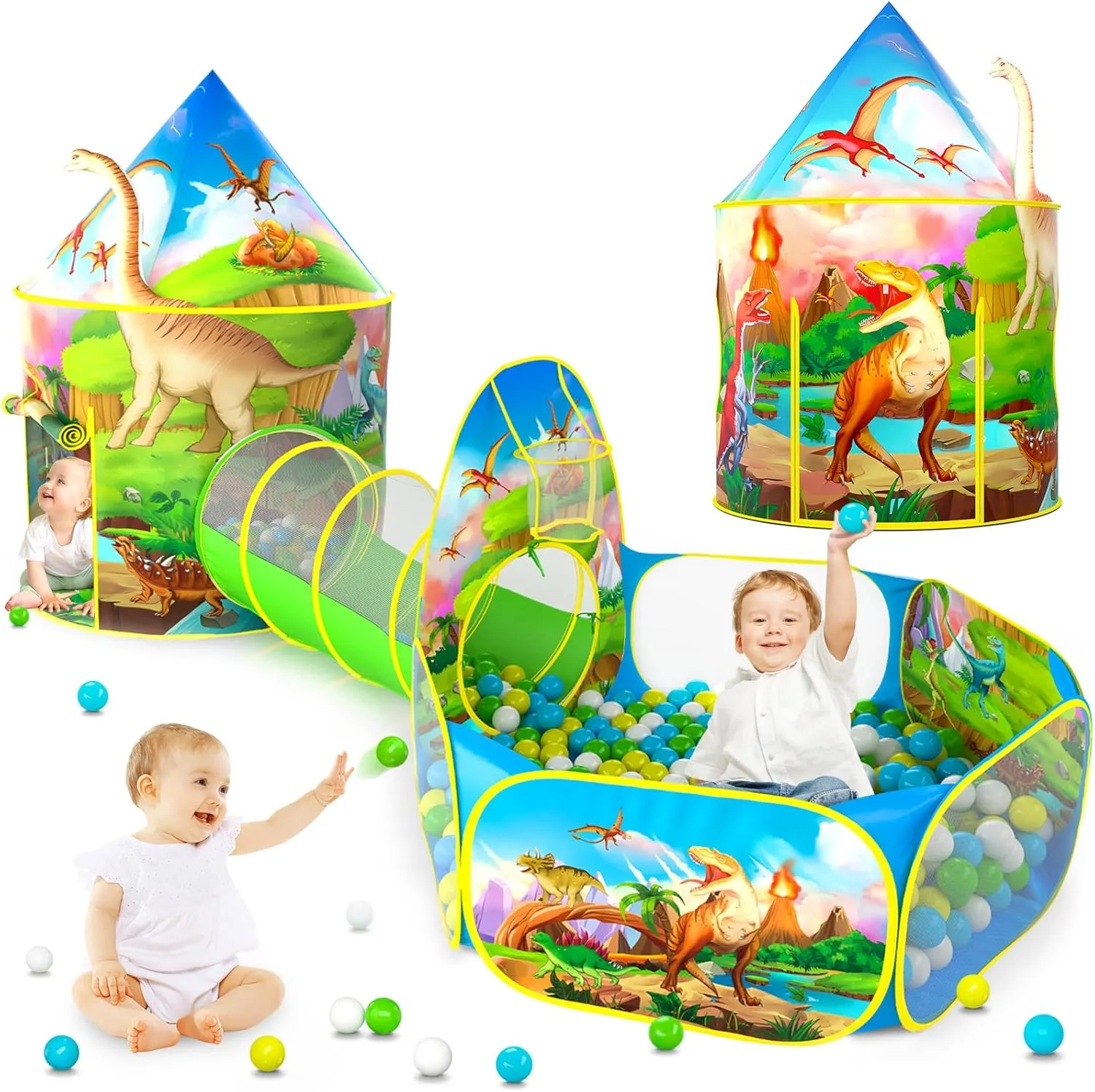 Dinosaur Kids Ball Pit with Play Tent and Play Tunnel, Kids Pop Up Tent for Indoor Outdoor, Dinosaur Toys for Boys Girls Babies Toddlers Playhouse