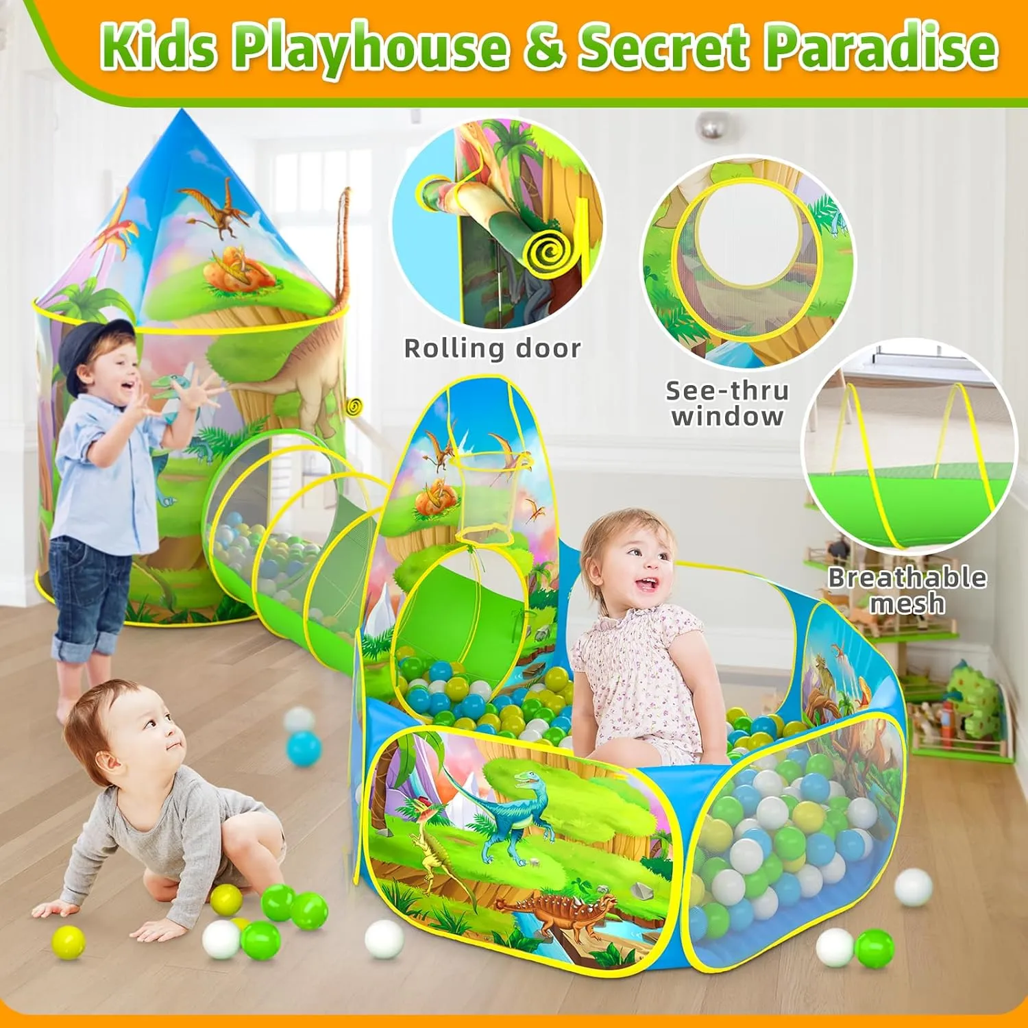Dinosaur Kids Ball Pit with Play Tent and Play Tunnel, Kids Pop Up Tent for Indoor Outdoor, Dinosaur Toys for Boys Girls Babies Toddlers Playhouse
