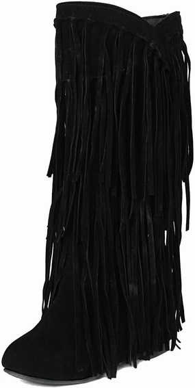 DINTAHA Fringe Suede Boots Flat Knee High Boots With Tassel Long Tall Pull On Boots