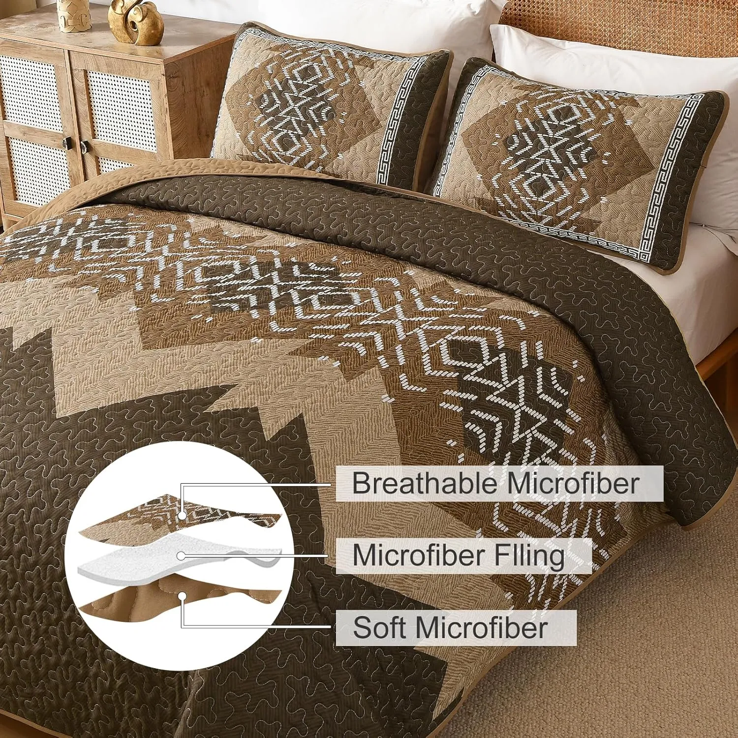 Dintszyayue Brown Quilt Set King Size Boho Aztec Texture Bedspread Coverlet Set 3 Piece Soft Lightweight Bedding Set Geometric Bohemian Bedspread with 2 Pillowcases(Dark Brown,90"x103")