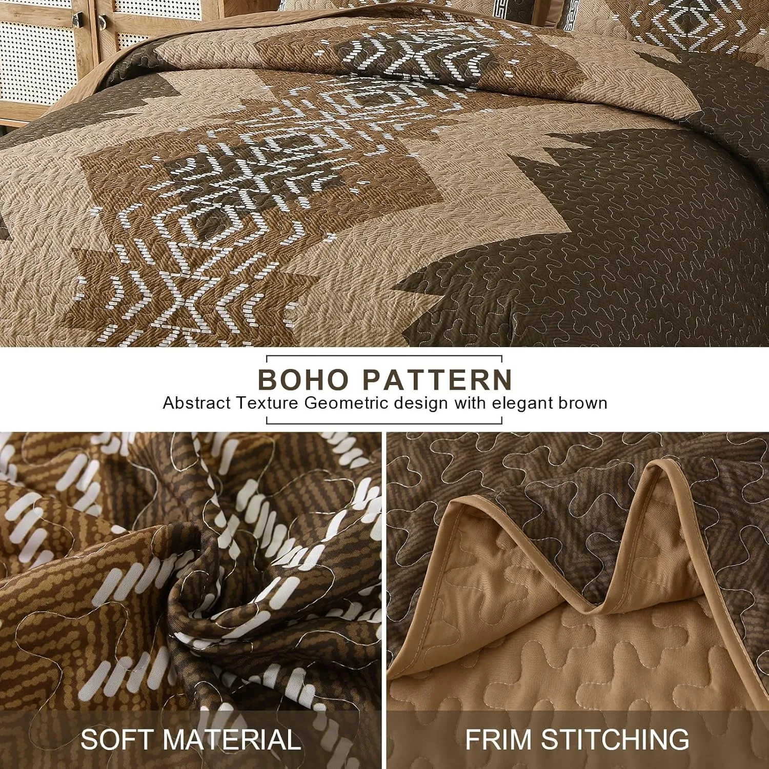 Dintszyayue Brown Quilt Set King Size Boho Aztec Texture Bedspread Coverlet Set 3 Piece Soft Lightweight Bedding Set Geometric Bohemian Bedspread with 2 Pillowcases(Dark Brown,90"x103")