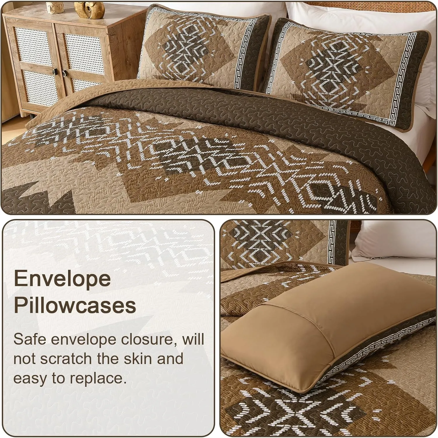 Dintszyayue Brown Quilt Set King Size Boho Aztec Texture Bedspread Coverlet Set 3 Piece Soft Lightweight Bedding Set Geometric Bohemian Bedspread with 2 Pillowcases(Dark Brown,90"x103")