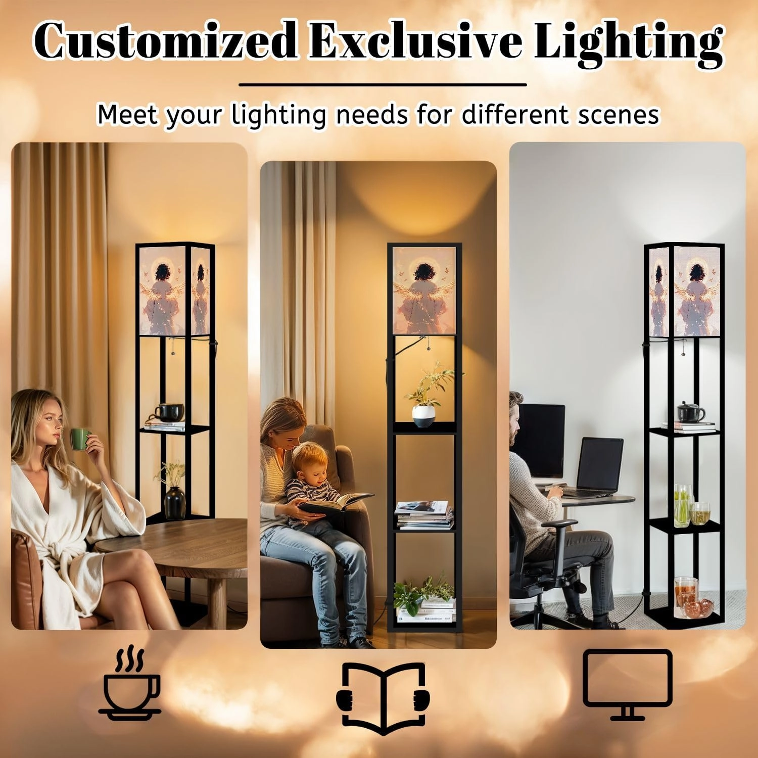 Divine Angel Print Glow Halo Bird Symbols Floor Lamps with Shelves, Modern Standing Lamp Narrow Corner Display Bookshelf Lamp for Living Room, Bedroom, Office Decor