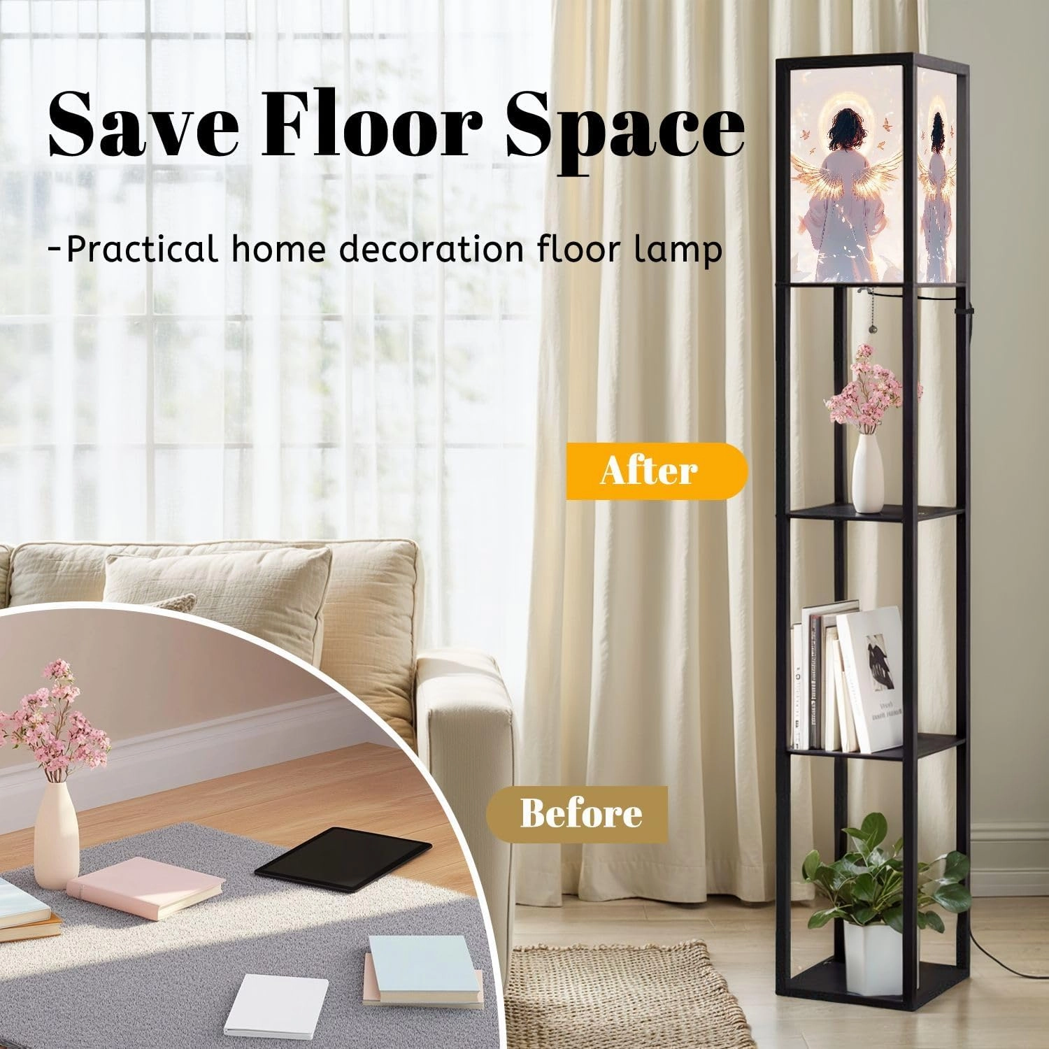 Divine Angel Print Glow Halo Bird Symbols Floor Lamps with Shelves, Modern Standing Lamp Narrow Corner Display Bookshelf Lamp for Living Room, Bedroom, Office Decor