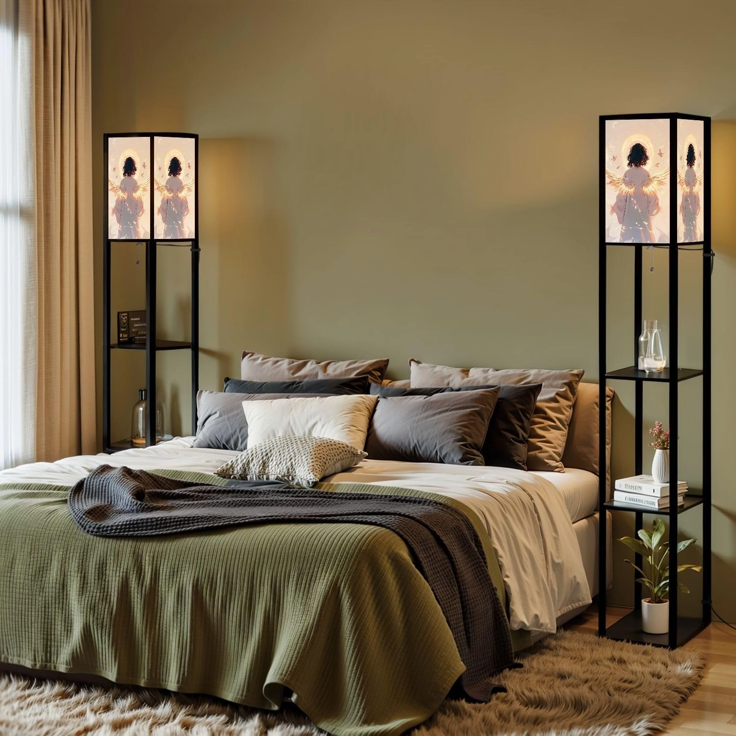 Divine Angel Print Glow Halo Bird Symbols Floor Lamps with Shelves, Modern Standing Lamp Narrow Corner Display Bookshelf Lamp for Living Room, Bedroom, Office Decor