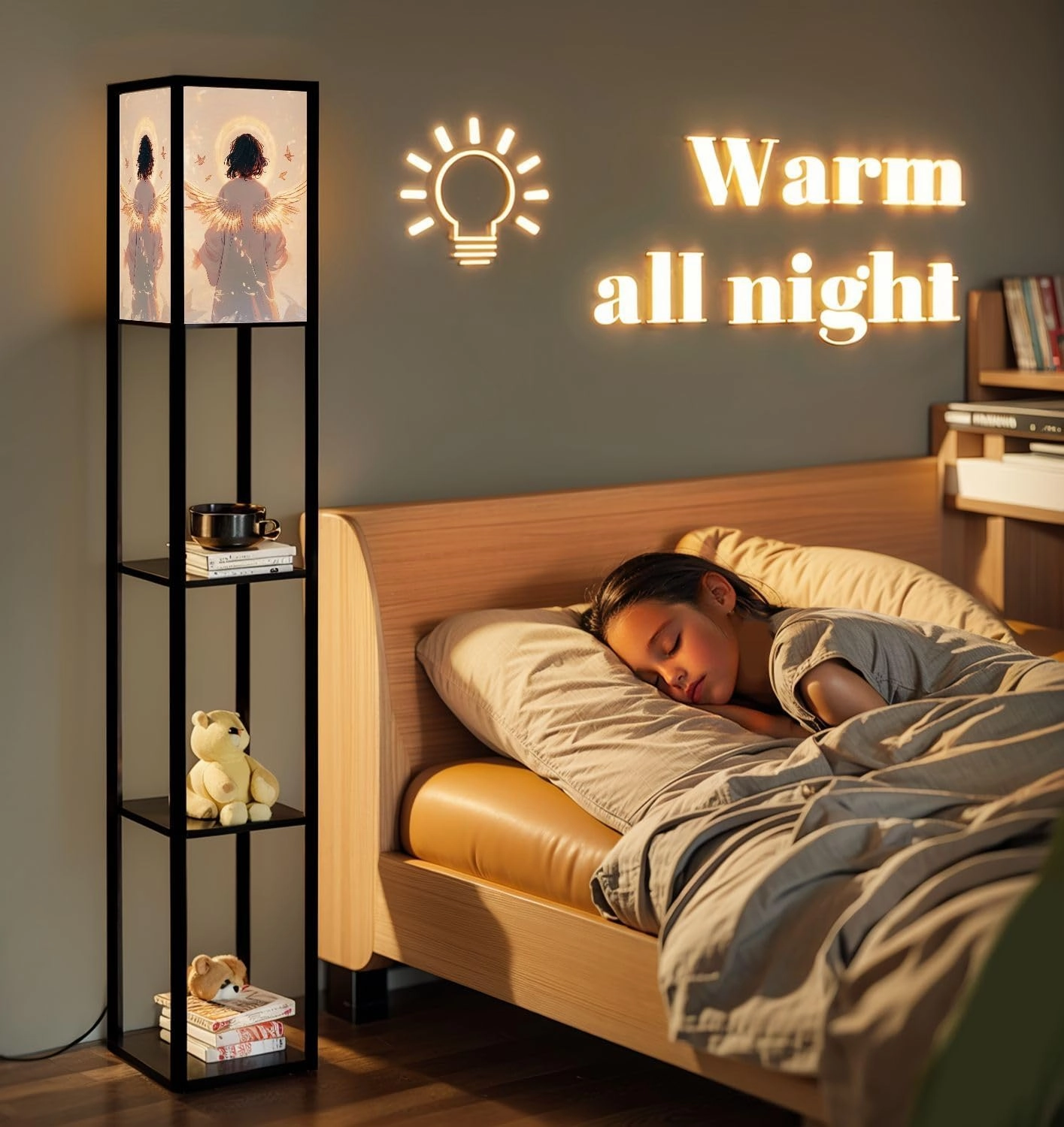 Divine Angel Print Glow Halo Bird Symbols Floor Lamps with Shelves, Modern Standing Lamp Narrow Corner Display Bookshelf Lamp for Living Room, Bedroom, Office Decor