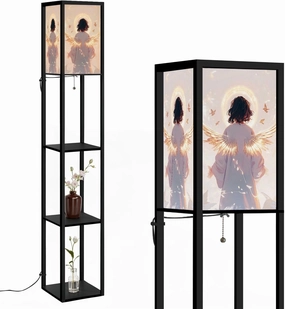 Divine Angel Print Glow Halo Bird Symbols Floor Lamps with Shelves, Modern Standing Lamp Narrow Corner Display Bookshelf Lamp for Living Room, Bedroom, Office Decor