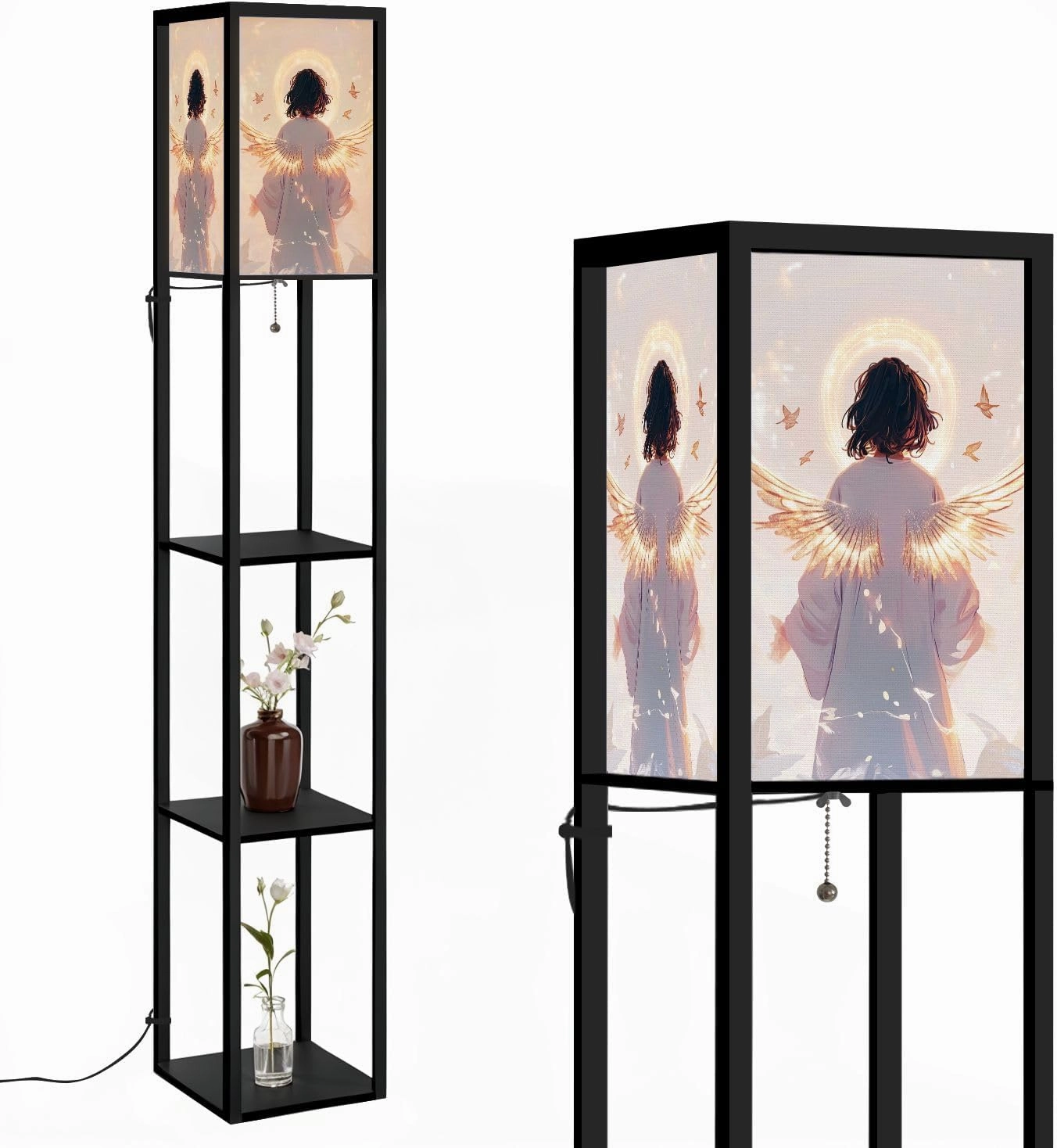 Divine Angel Print Glow Halo Bird Symbols Floor Lamps with Shelves, Modern Standing Lamp Narrow Corner Display Bookshelf Lamp for Living Room, Bedroom, Office Decor