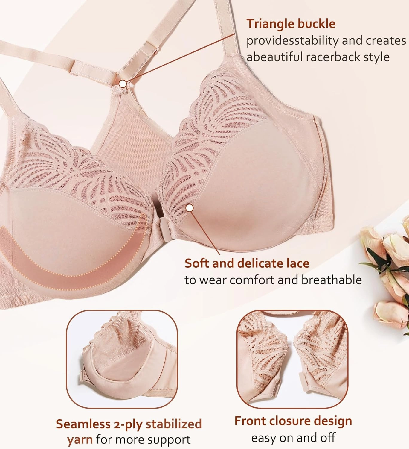 DotVol Women's Front Close Bra T Back Full Figure Underwire Plus Size Seamless Unlined Bra for Large Bust