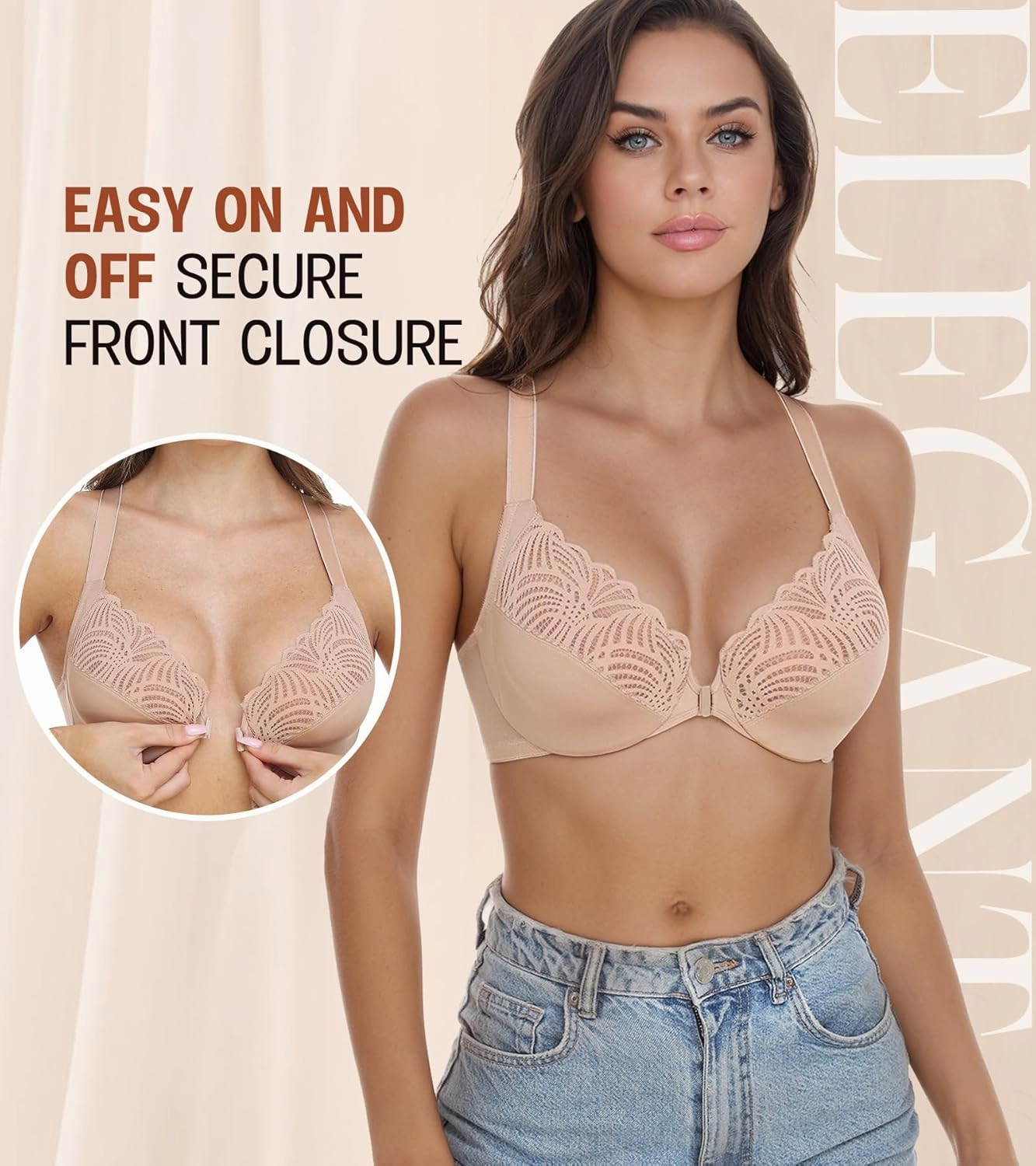 DotVol Women's Front Close Bra T Back Full Figure Underwire Plus Size Seamless Unlined Bra for Large Bust