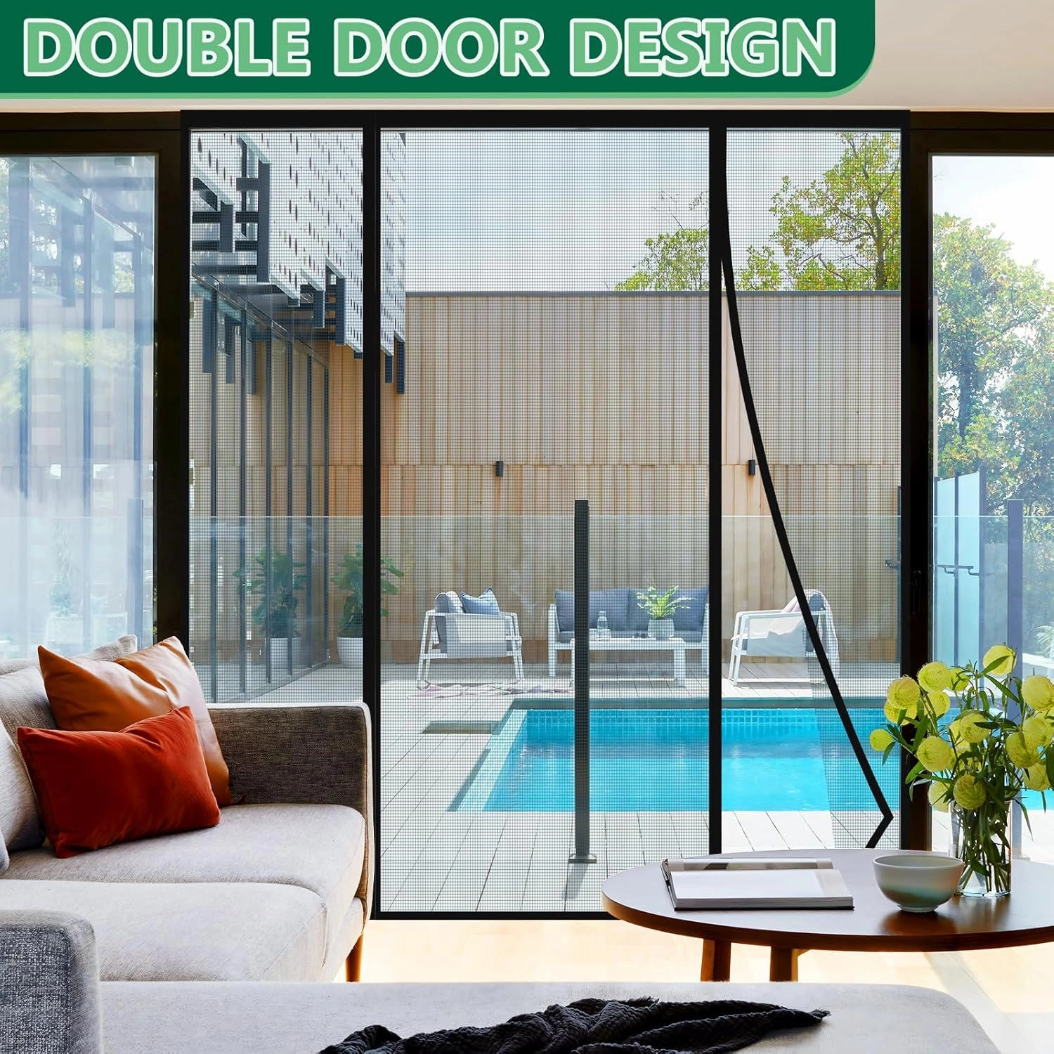 Double Opeing Magentic Screen Door for Sliding French Door, Fit Door Size 64 x 82, Large Self Sealing Screen Door Mesh for Pet Kid, Removable Mesh Net Walk Through, Keep Fly Out, Gray