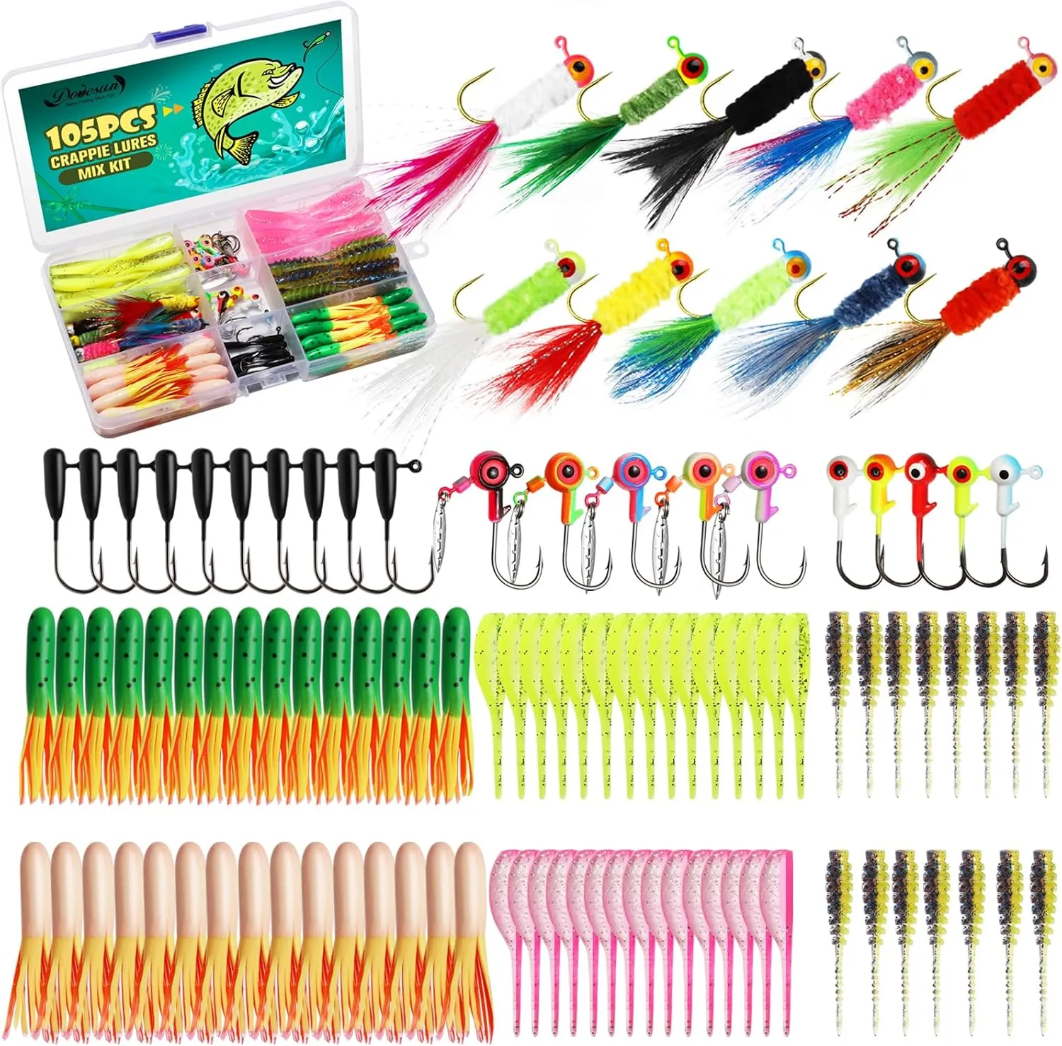Dovesun Crappie Lures with Jig Heads Kit, Soft Plastic Grubs-Tube Baits 1/8oz 1/16oz 1/32oz Crappie Jigs Walleye Trout Bass Crappie Baits 95-120pcs