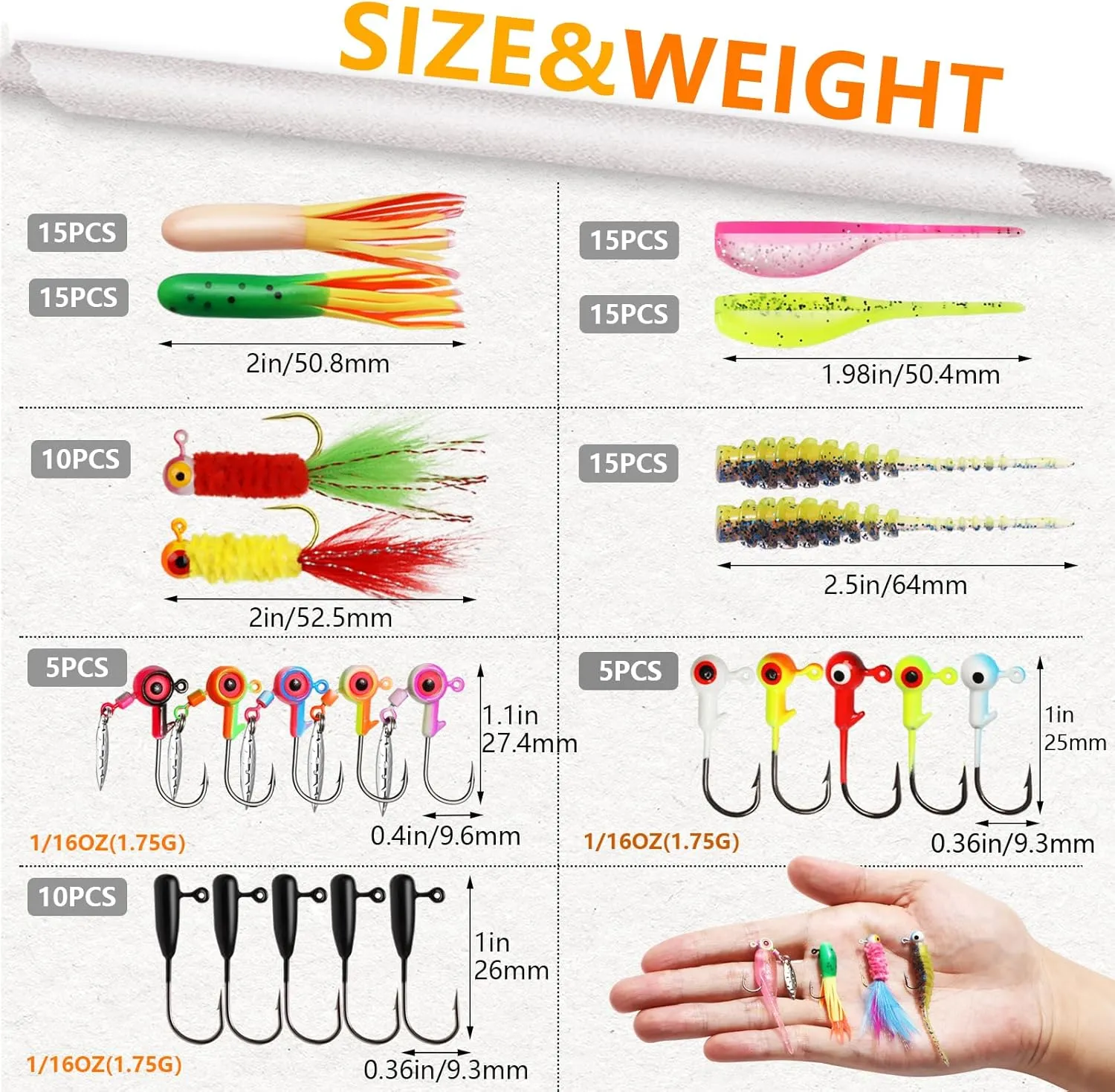 Dovesun Crappie Lures with Jig Heads Kit, Soft Plastic Grubs-Tube Baits 1/8oz 1/16oz 1/32oz Crappie Jigs Walleye Trout Bass Crappie Baits 95-120pcs