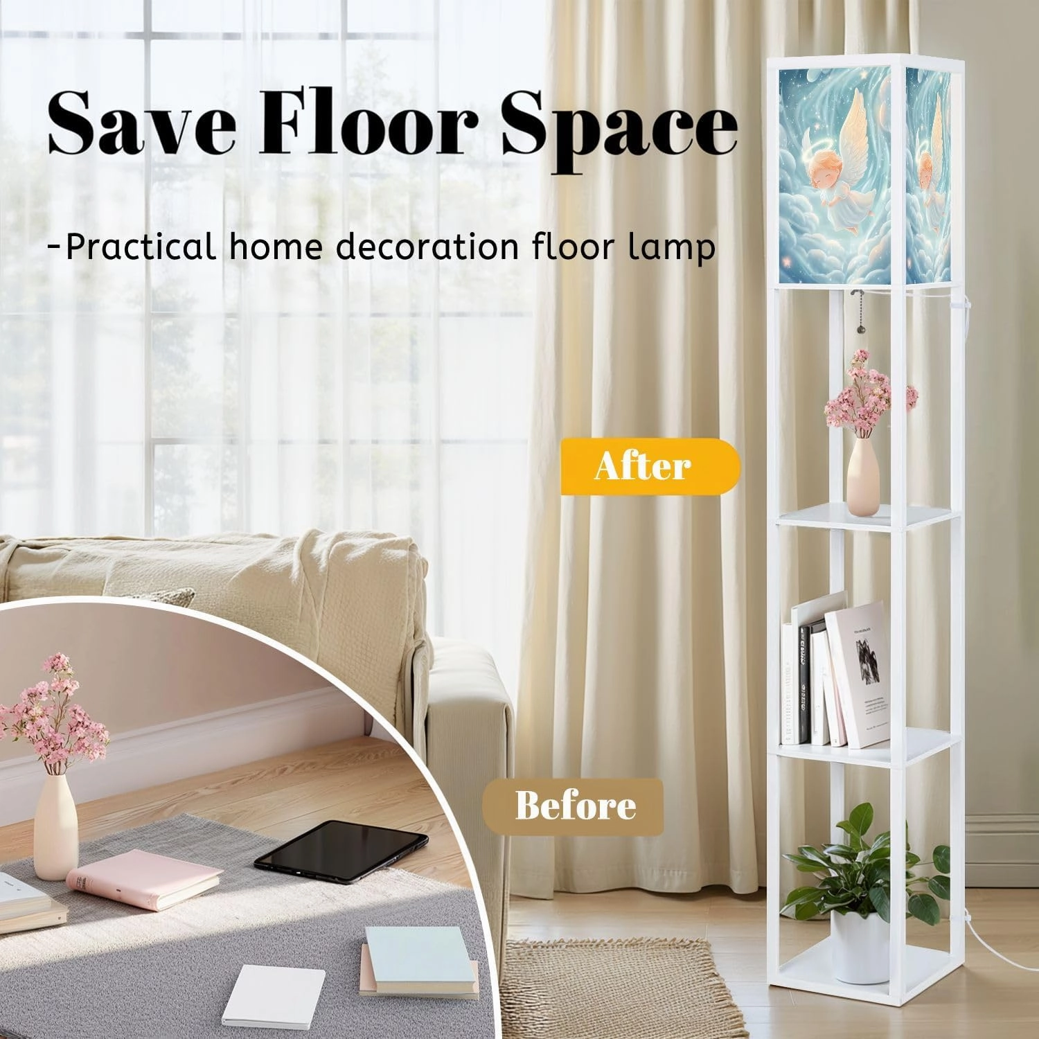Dreamy Angel Sanctuary Gentle Heavenly Painting Floor Lamps with Shelves, Modern Standing Lamp Narrow Corner Display Bookshelf Lamp for Living Room, Bedroom, Office Decor