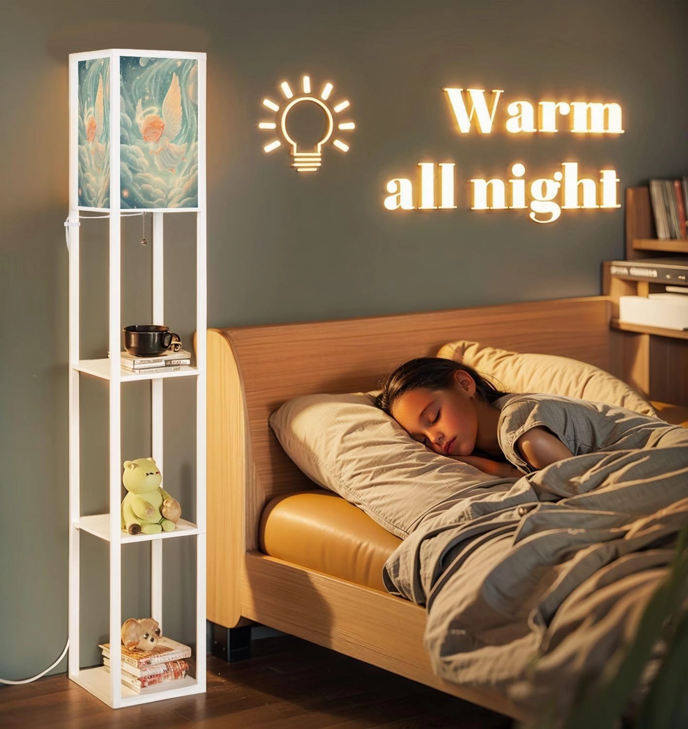 Dreamy Angel Sanctuary Gentle Heavenly Painting Floor Lamps with Shelves, Modern Standing Lamp Narrow Corner Display Bookshelf Lamp for Living Room, Bedroom, Office Decor