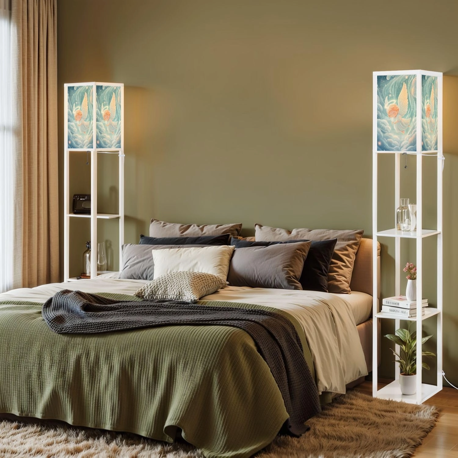Dreamy Angel Sanctuary Gentle Heavenly Painting Floor Lamps with Shelves, Modern Standing Lamp Narrow Corner Display Bookshelf Lamp for Living Room, Bedroom, Office Decor