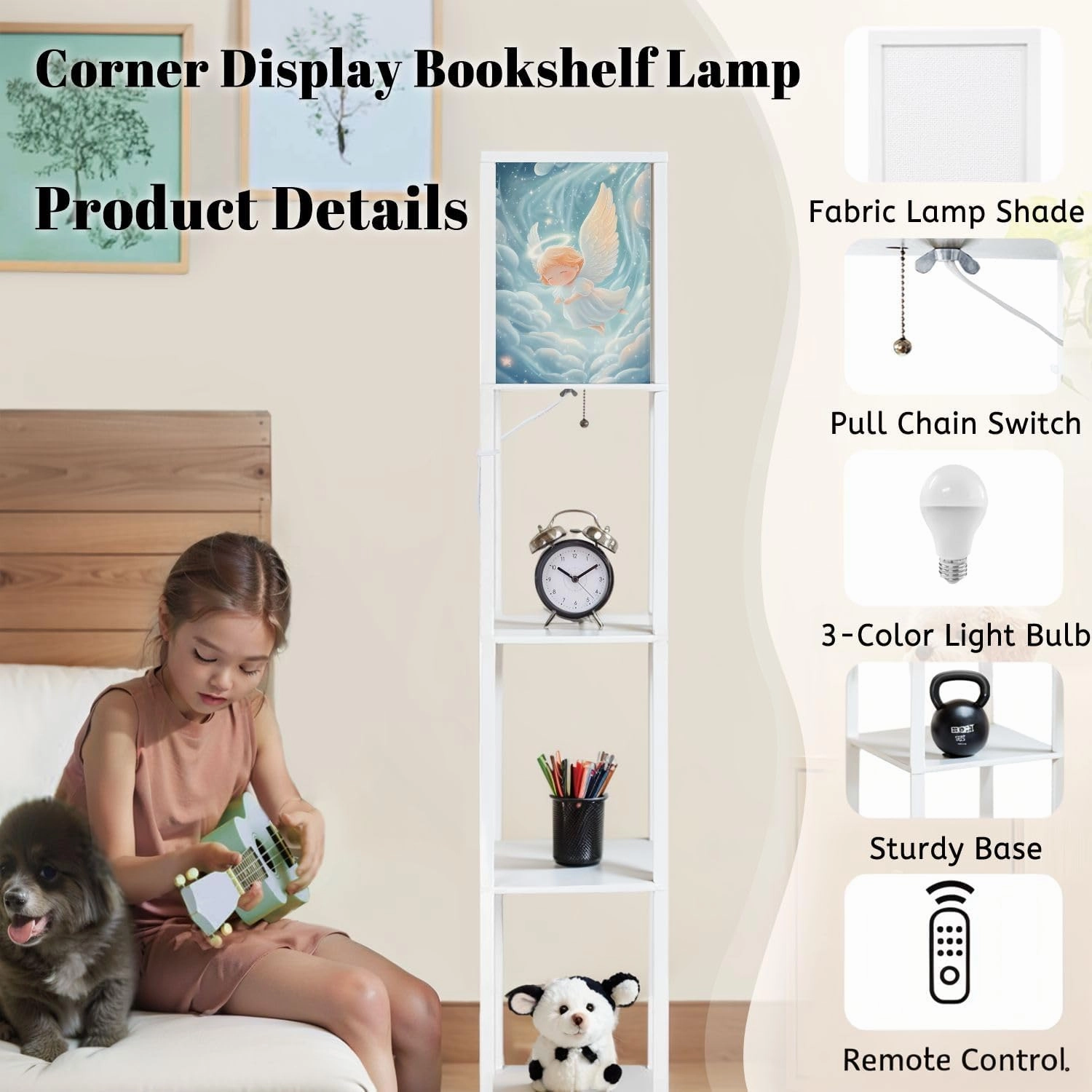 Dreamy Angel Sanctuary Gentle Heavenly Painting Floor Lamps with Shelves, Modern Standing Lamp Narrow Corner Display Bookshelf Lamp for Living Room, Bedroom, Office Decor