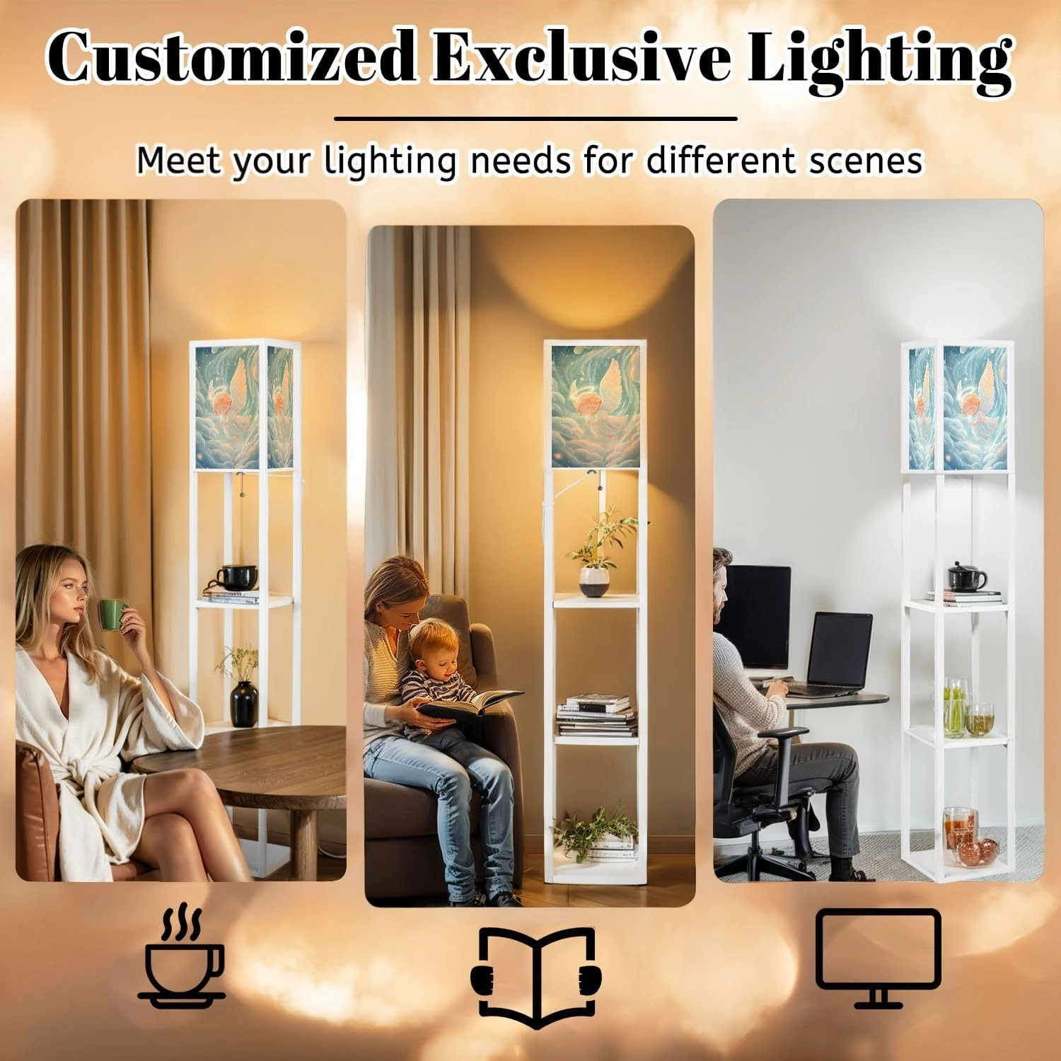 Dreamy Angel Sanctuary Gentle Heavenly Painting Floor Lamps with Shelves, Modern Standing Lamp Narrow Corner Display Bookshelf Lamp for Living Room, Bedroom, Office Decor