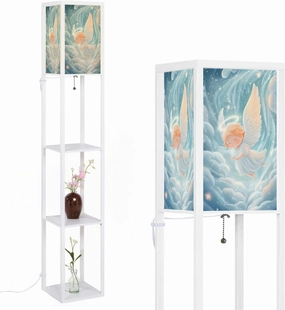 Dreamy Angel Sanctuary Gentle Heavenly Painting Floor Lamps with Shelves, Modern Standing Lamp Narrow Corner Display Bookshelf Lamp for Living Room, Bedroom, Office Decor