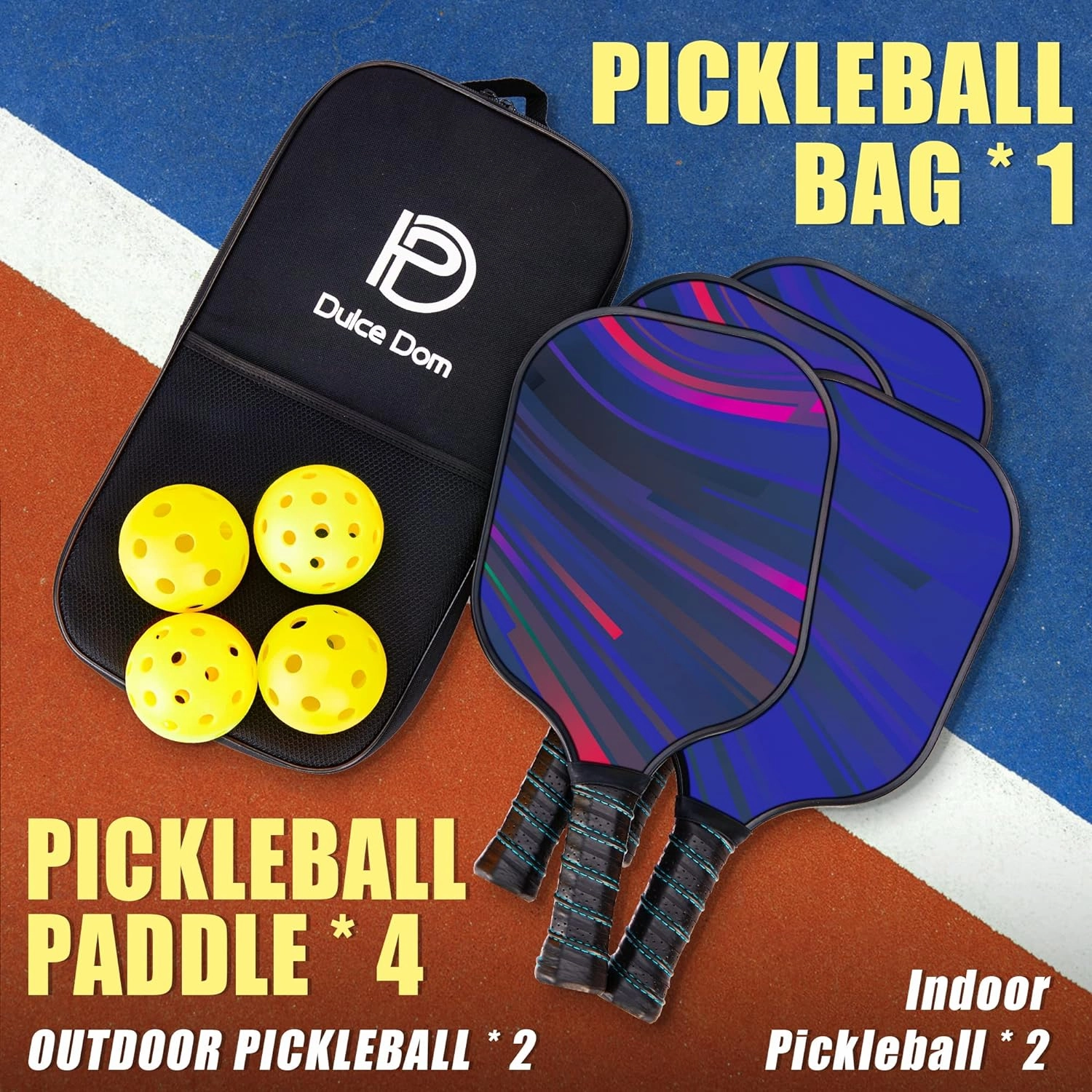 DULCE DOM Pickleball Paddles Set of 2/4 - USAPA Approved, Fiberglass Surface Pickleball Racket with 4 Indoor Outdoor Pickleball Balls and Pickleball Bag, Ideal Training Equipment Gift for Men & Women