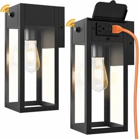 Dusk to Dawn Outdoor Light Fixtures Wall Mount, Outdoor Porch Lights with Outlet, Dusk to Dawn Outdoor Lighting for Doorway, Garage- Black