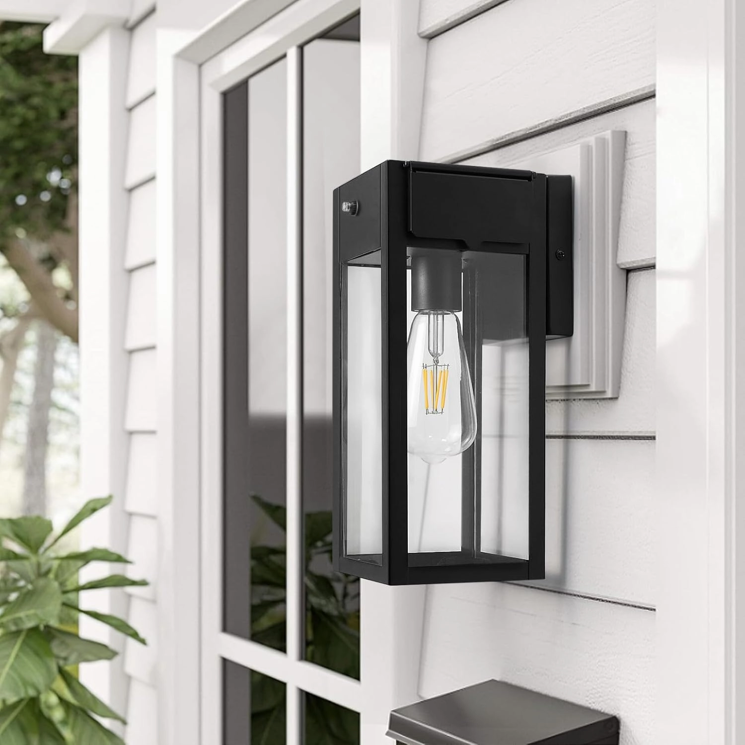 Dusk to Dawn Outdoor Light Fixtures Wall Mount, Outdoor Porch Lights with Outlet, Dusk to Dawn Outdoor Lighting for Doorway, Garage- Black