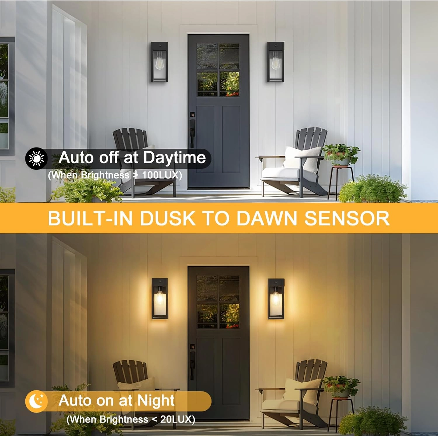 Dusk to Dawn Outdoor Light Fixtures Wall Mount, Outdoor Porch Lights with Outlet, Dusk to Dawn Outdoor Lighting for Doorway, Garage- Black