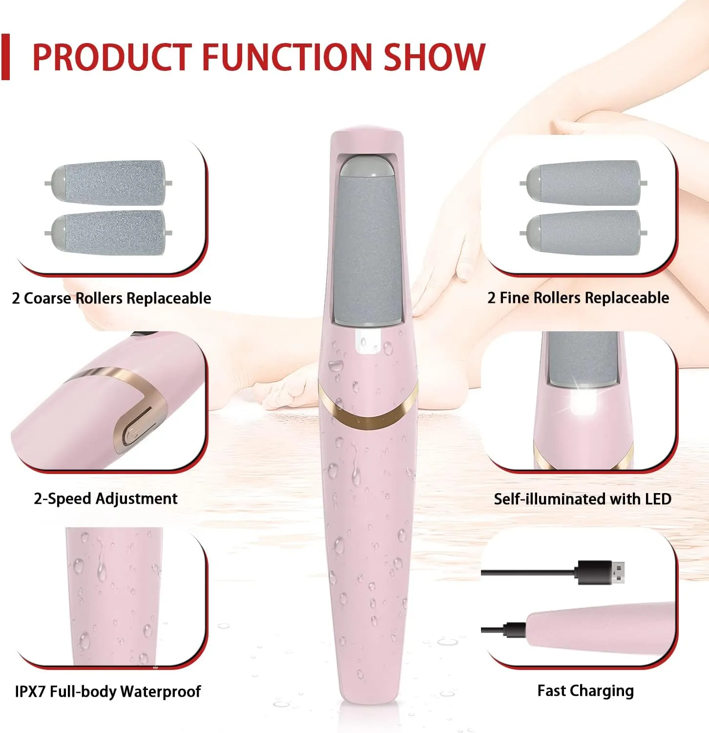 Electric Foot Callus Remover, Foot File, Rechargeable Foot File Set with 4 Different Roller Heads, Professional Pedicure Tools to Remove Cracked Heels and Dead Skin, for Feet Hands Spa